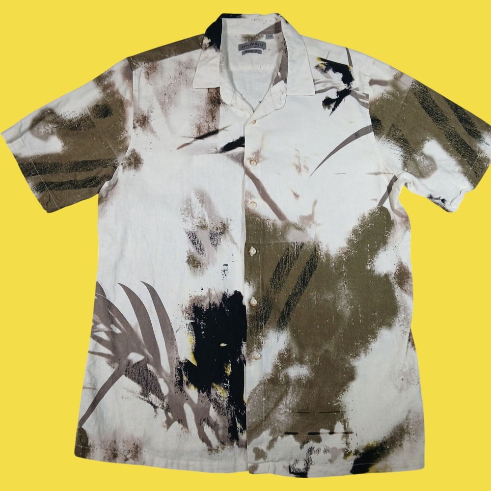 Estivaneli Shirt Mens L White Abstract Relaxed Modern Linen Blend Casual